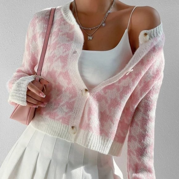 Pink Contemporary Houndstooth Print button down knit sweater Cardigan - Picture 1 of 6